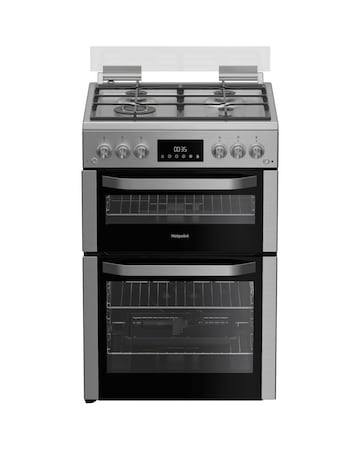 Hotpoint HDG6GDCWX 60cm Gas Double Cooker with Glass Lid - Stainless Steel