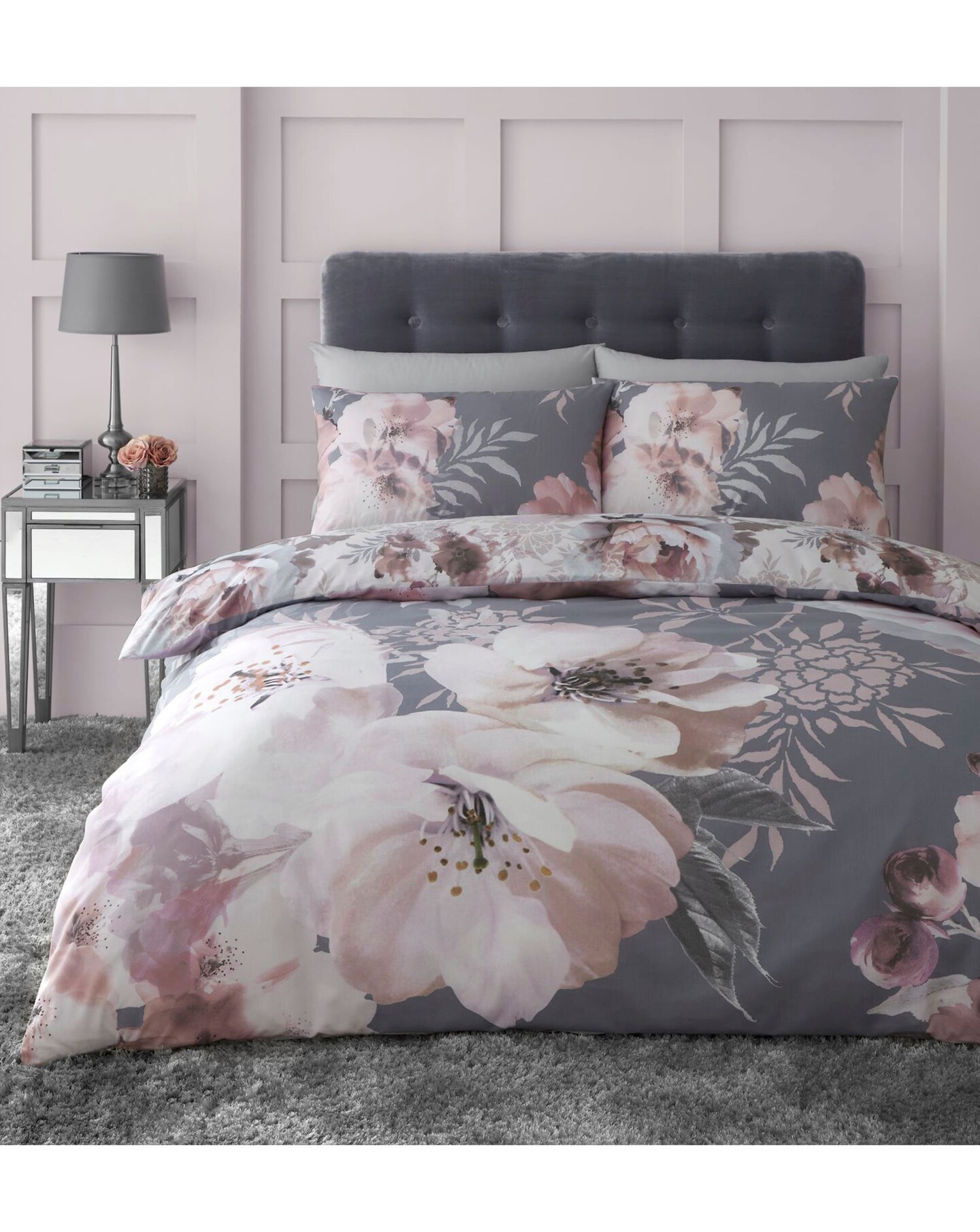 New In - Dramatic Floral Silver Duvet Cover Set